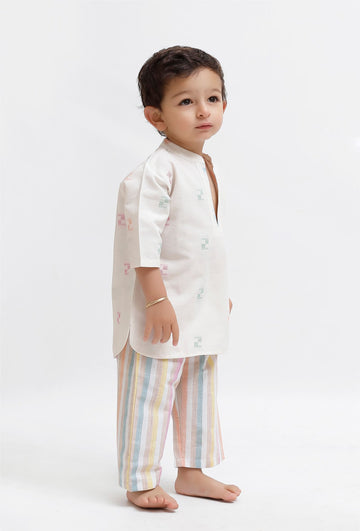 Set Of 2: White Dobby Kurta and Striped Pant